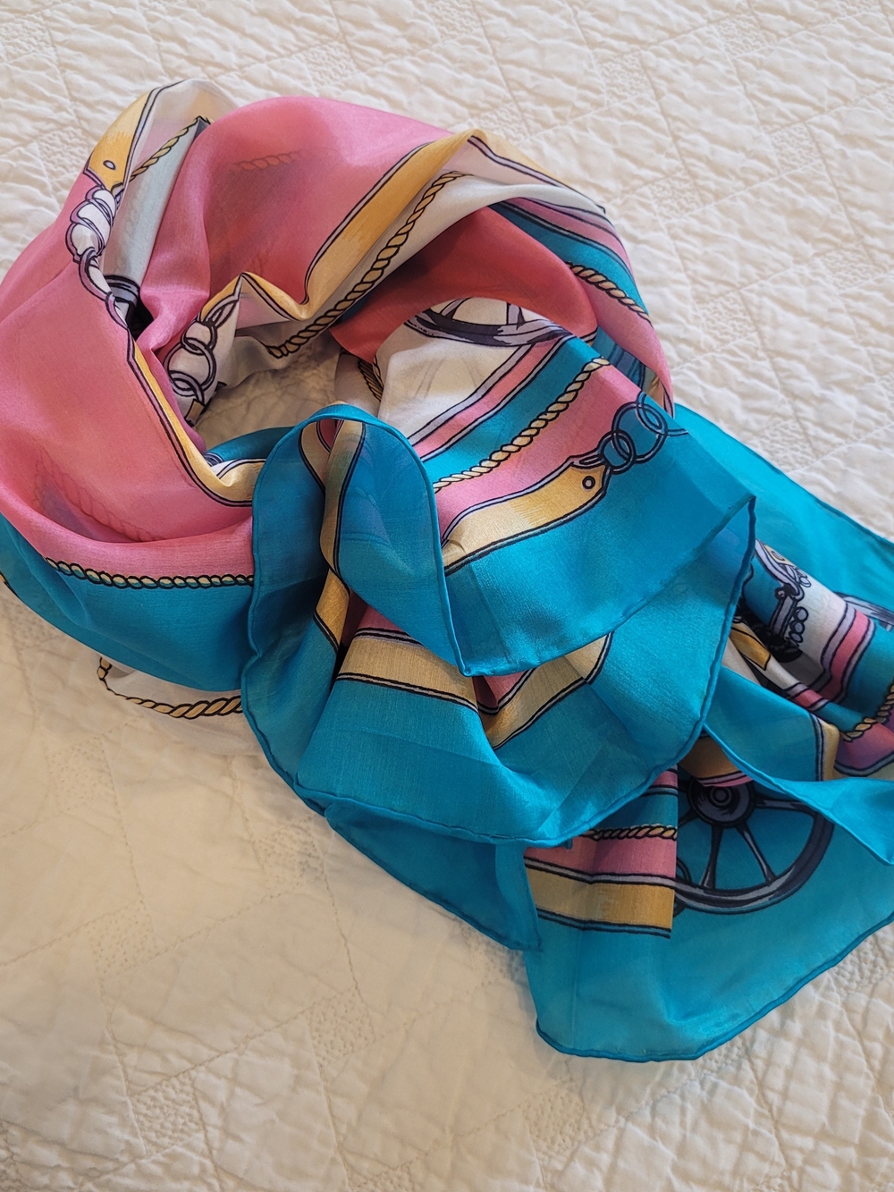 ALSA Spanish Silk Teal & Pink Nautical Rope & Wheel Old-world Print Scarf - Picture 11 of 11